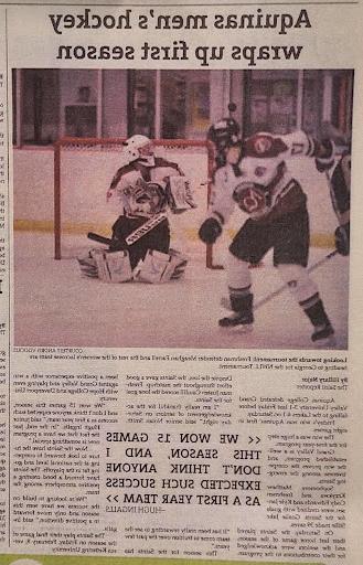 新闻 clip with an Aquinas Hockey Player facing the goalie of the opposing team on the ice. 标题:十大赌博登录官网男子曲棍球结束了第一个赛季. 正文中的大文本读起来 &我们赢了15场比赛&”;