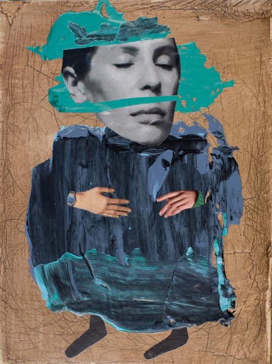 Collage style artwork featuring the face of a woman on a blocky painted body